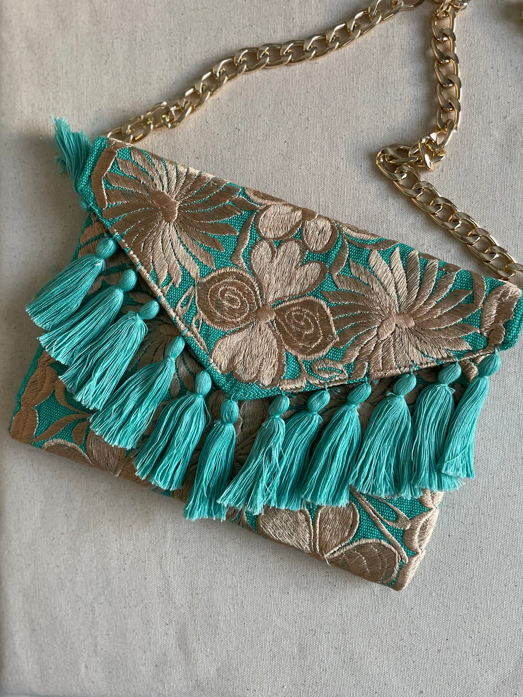 Embroidered Clutch - Turquoise/Gold